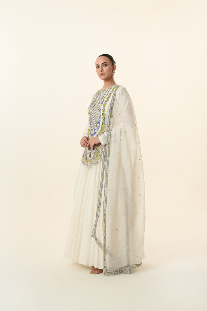 Ivory Multicolour Geometric Embroidered Anarkali