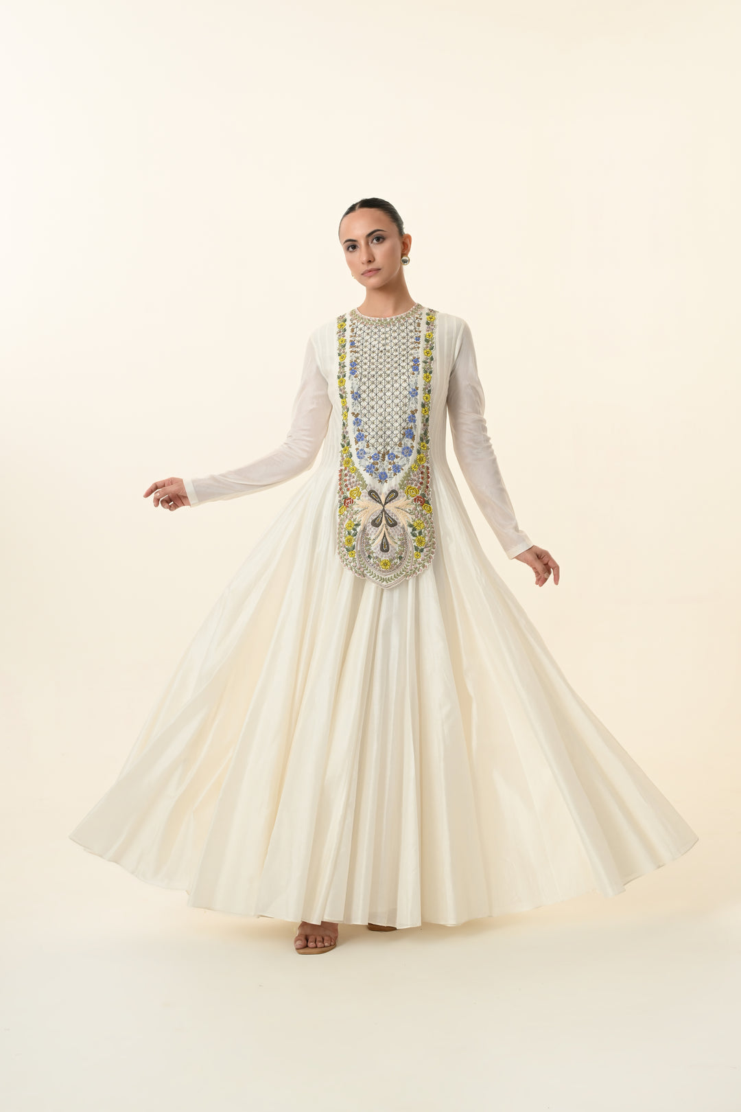 Ivory Multicolour Geometric Embroidered Anarkali