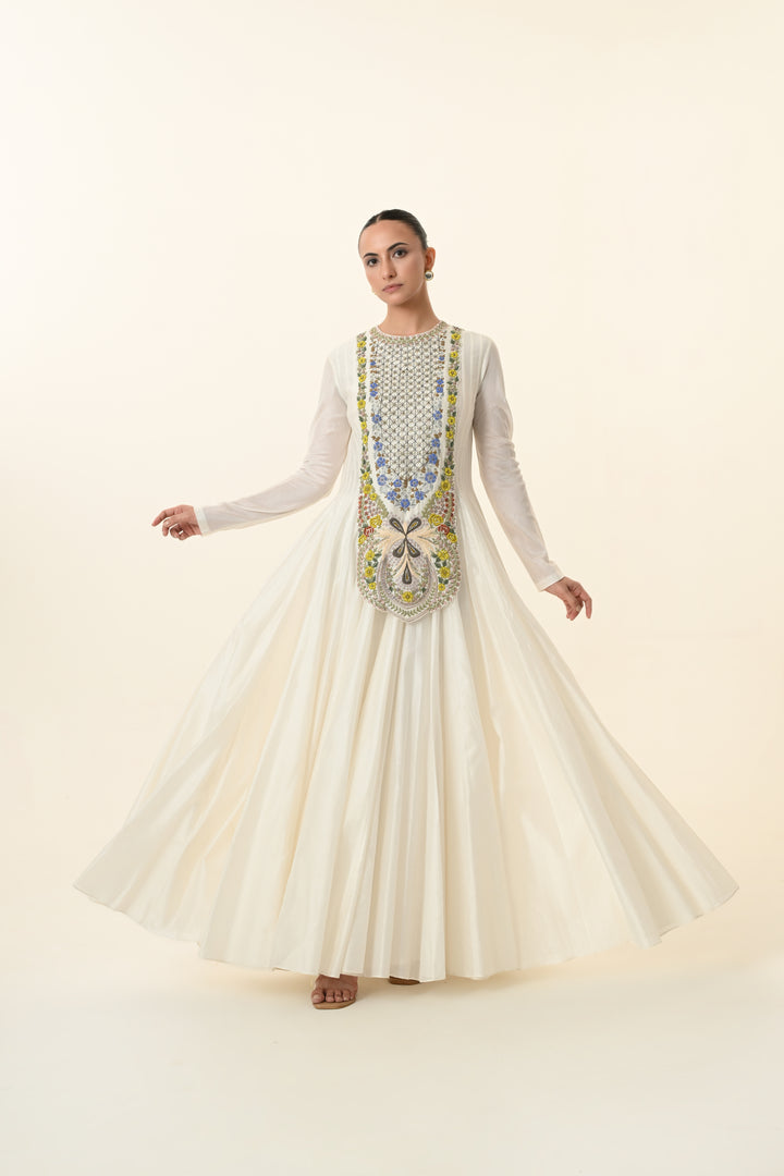 Ivory Multicolour Geometric Embroidered Anarkali