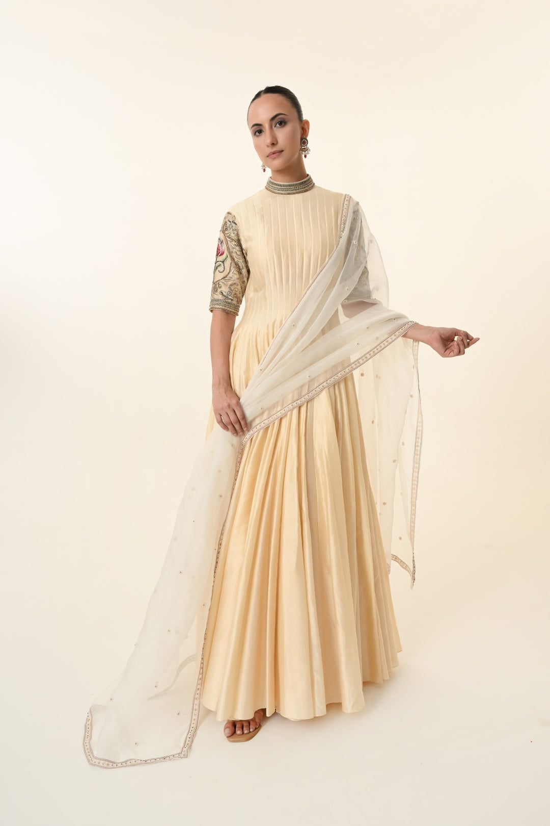 Soft Beige Pin-Tucked High-Neck Anarkali
