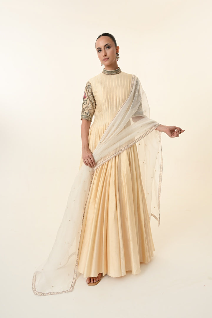 Soft Beige Pin-Tucked High-Neck Anarkali