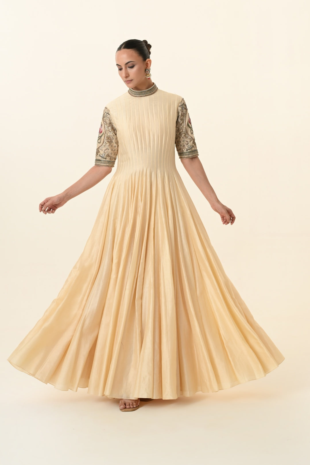 Soft Beige Pin-Tucked High-Neck Anarkali