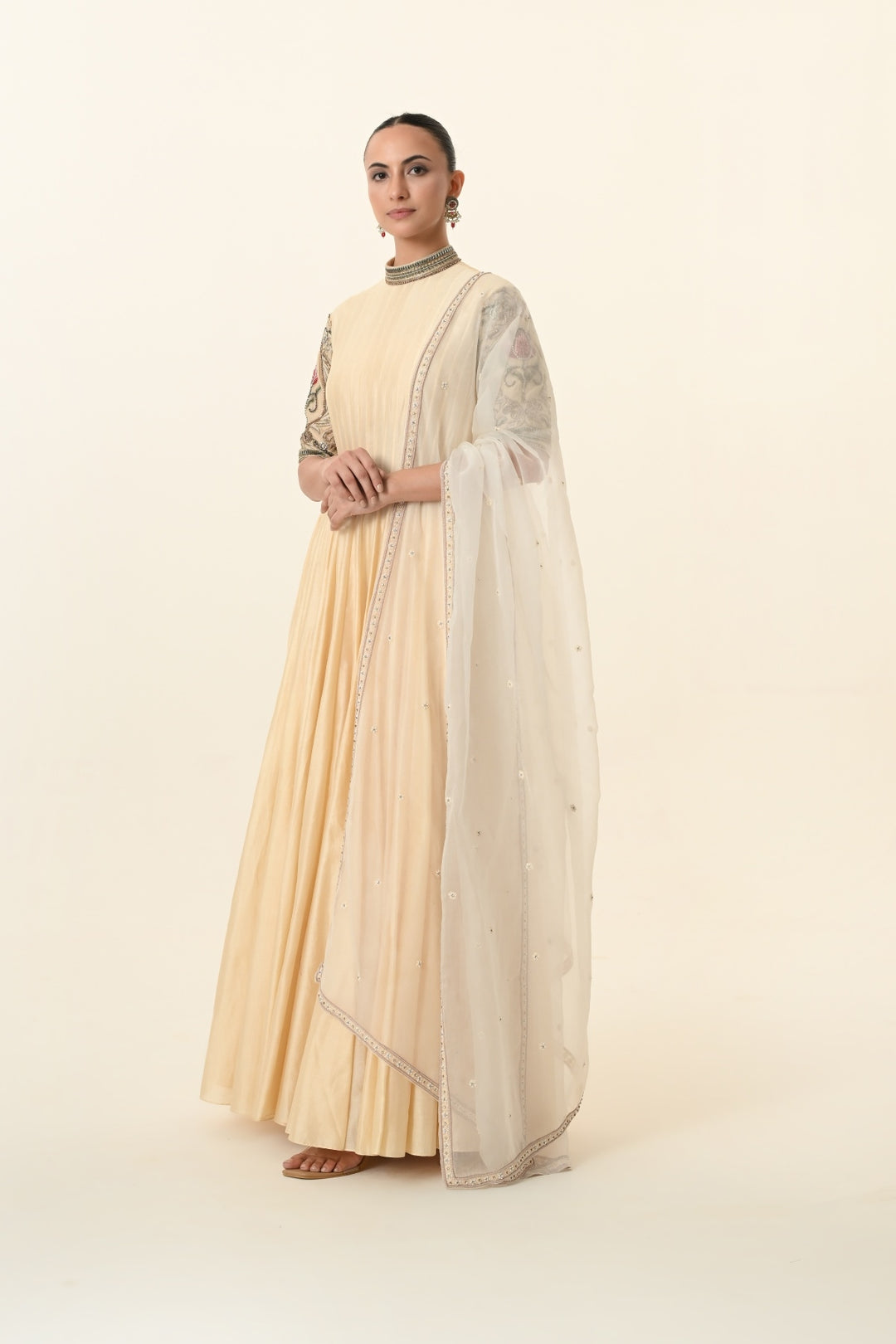Soft Beige Pin-Tucked High-Neck Anarkali
