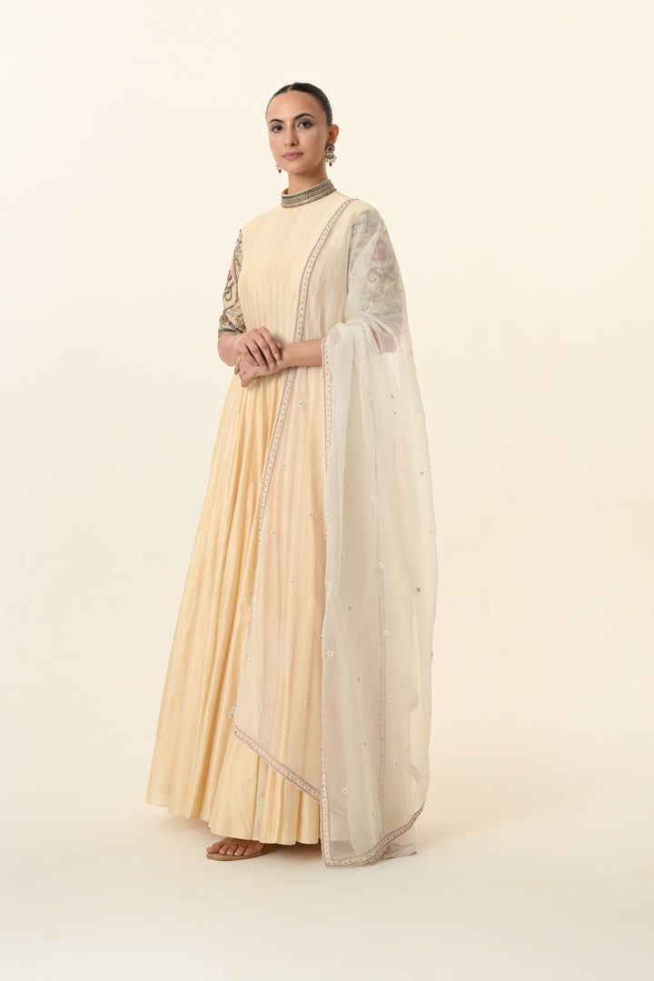 Soft Beige Pin-Tucked High-Neck Anarkali