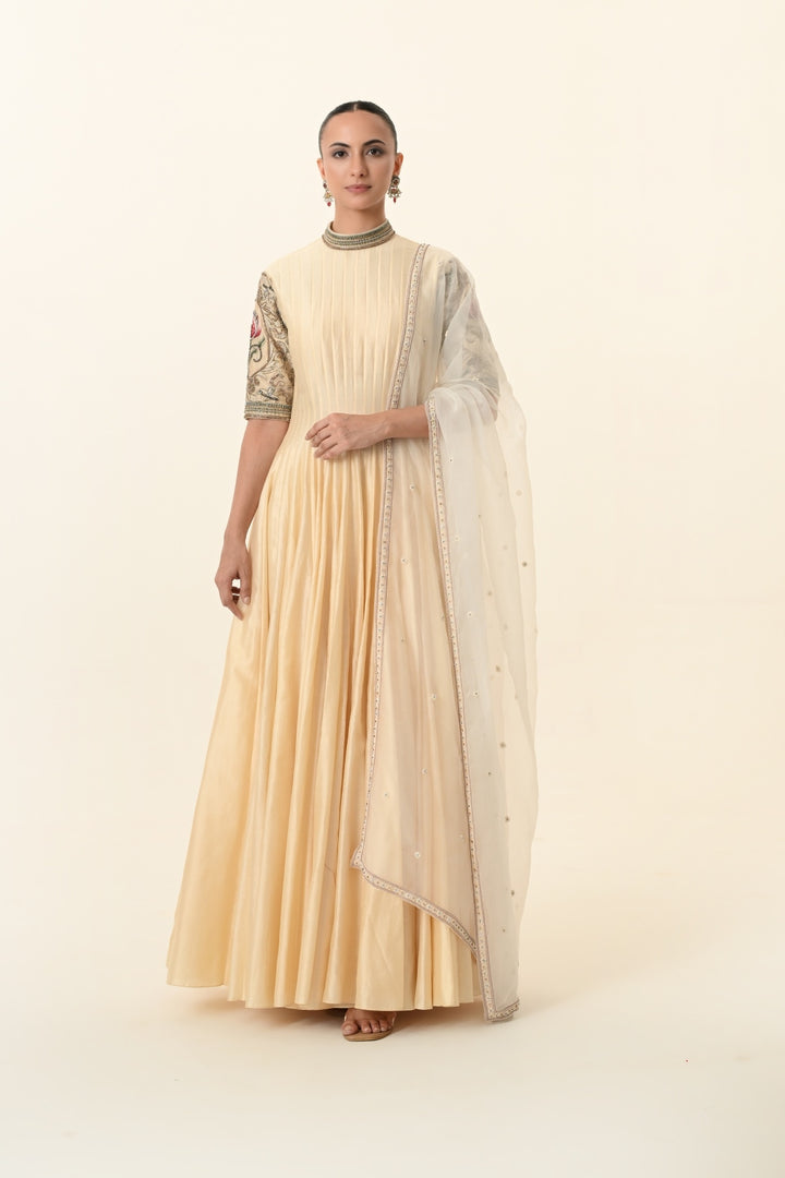 Soft Beige Pin-Tucked High-Neck Anarkali