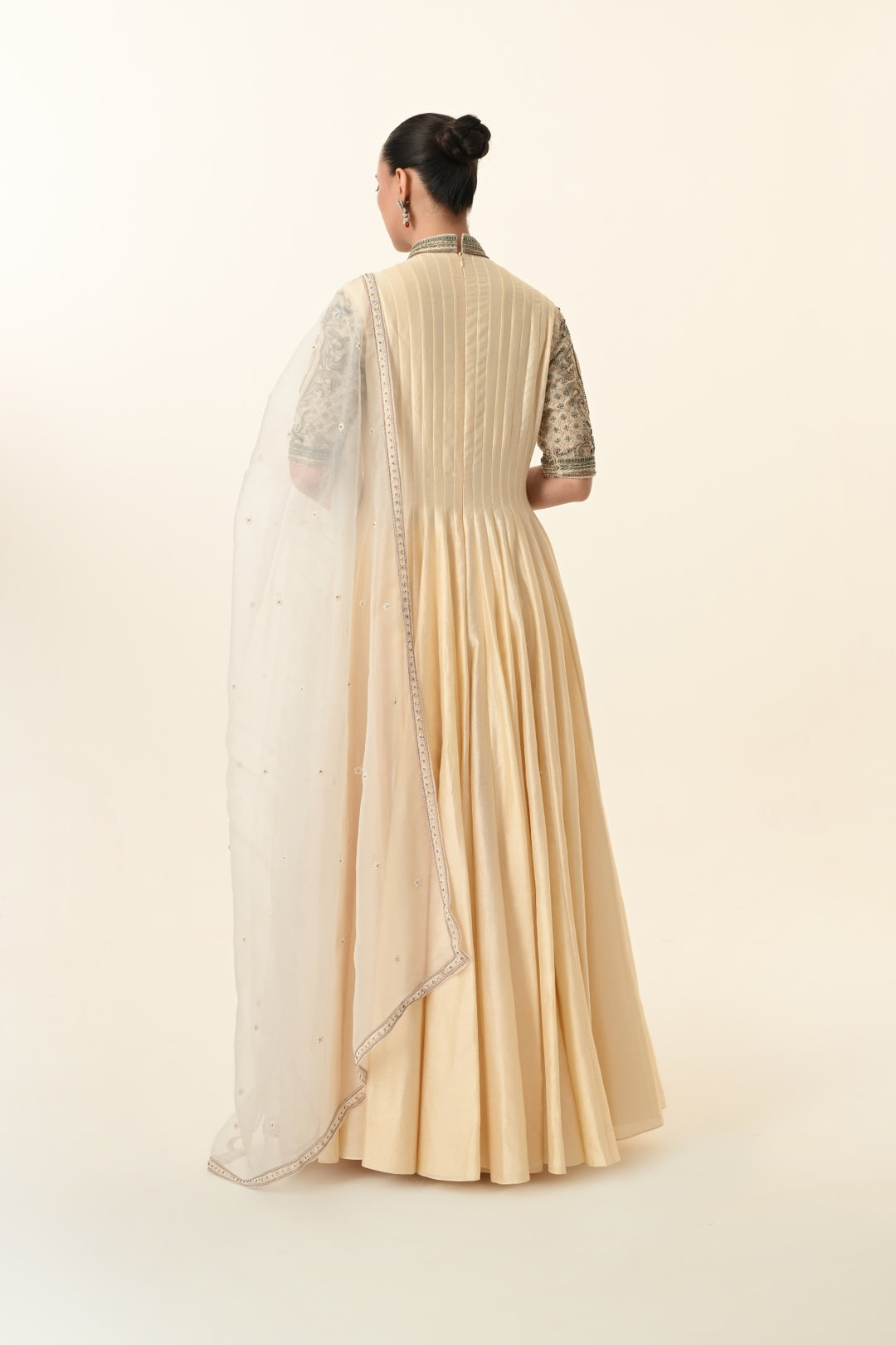 Soft Beige Pin-Tucked High-Neck Anarkali
