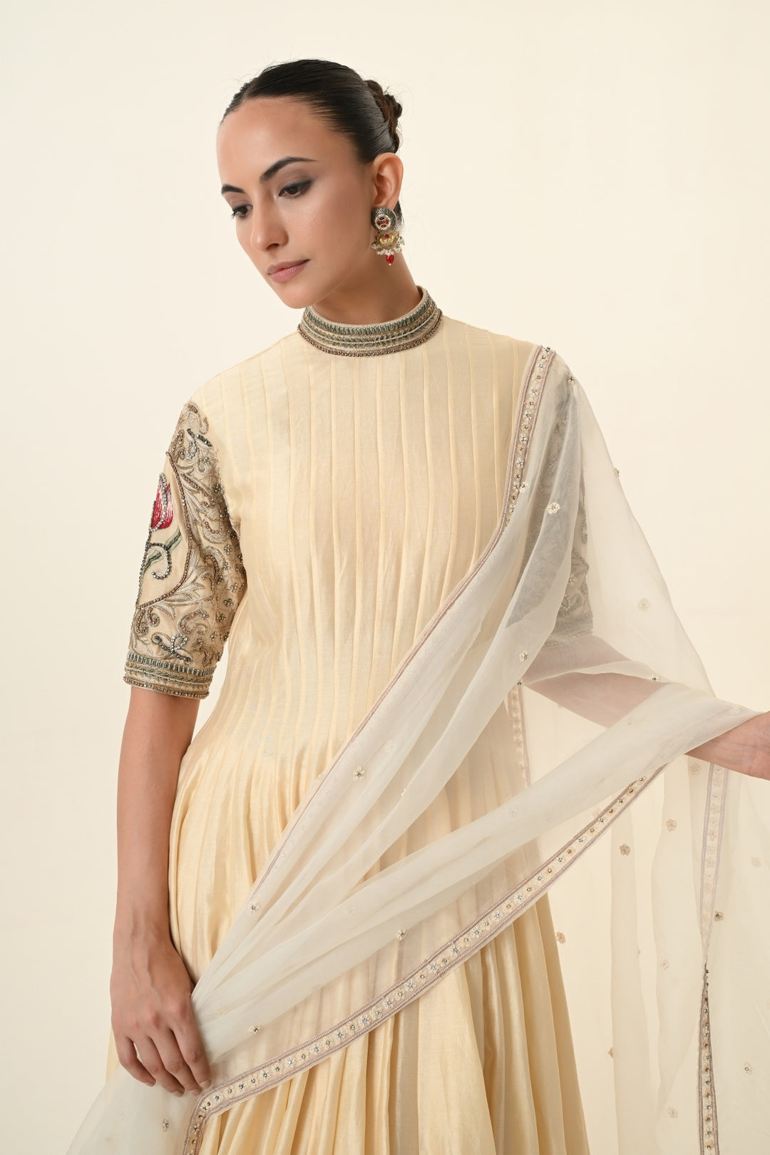 Soft Beige Pin-Tucked High-Neck Anarkali