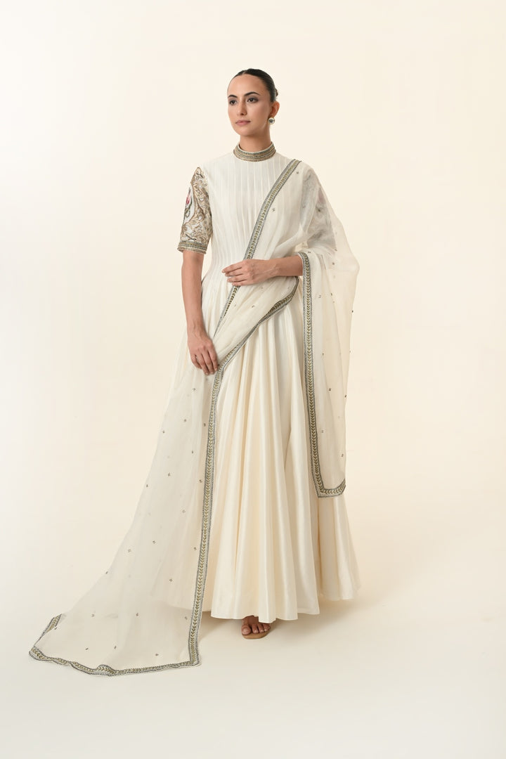 Ivory Pin-Tucked High-Neck Anarkali