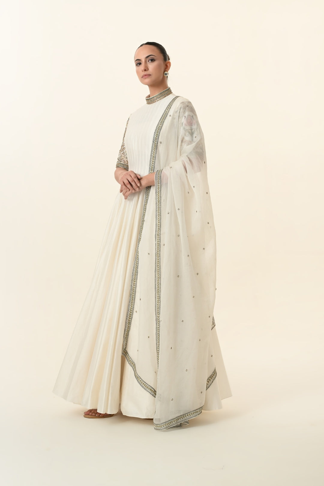 Ivory Pin-Tucked High-Neck Anarkali
