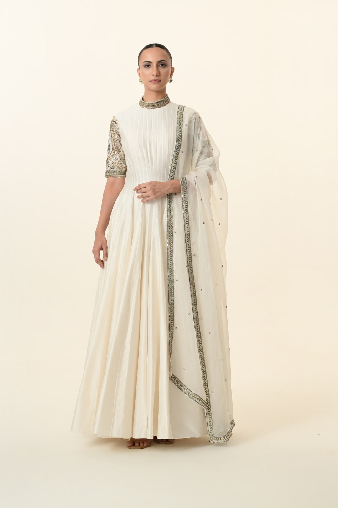 Ivory Pin-Tucked High-Neck Anarkali