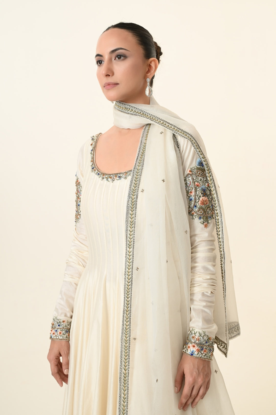 Ivory Scoop-Neck Pleated Anarkali with Dupatta