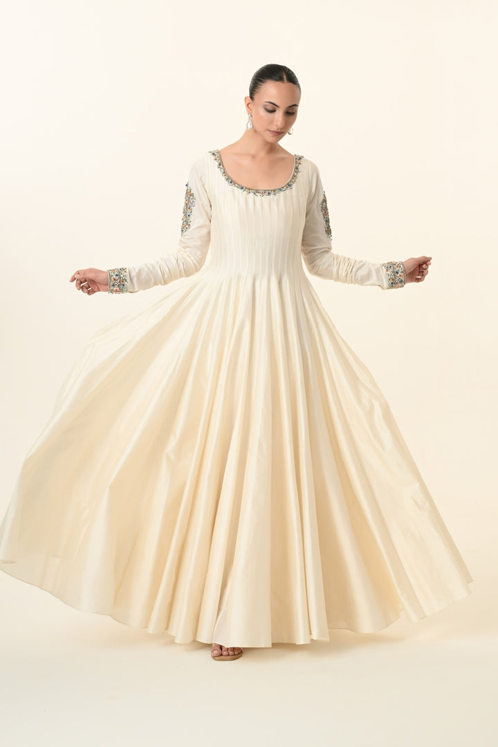 Ivory Scoop-Neck Pleated Anarkali with Dupatta