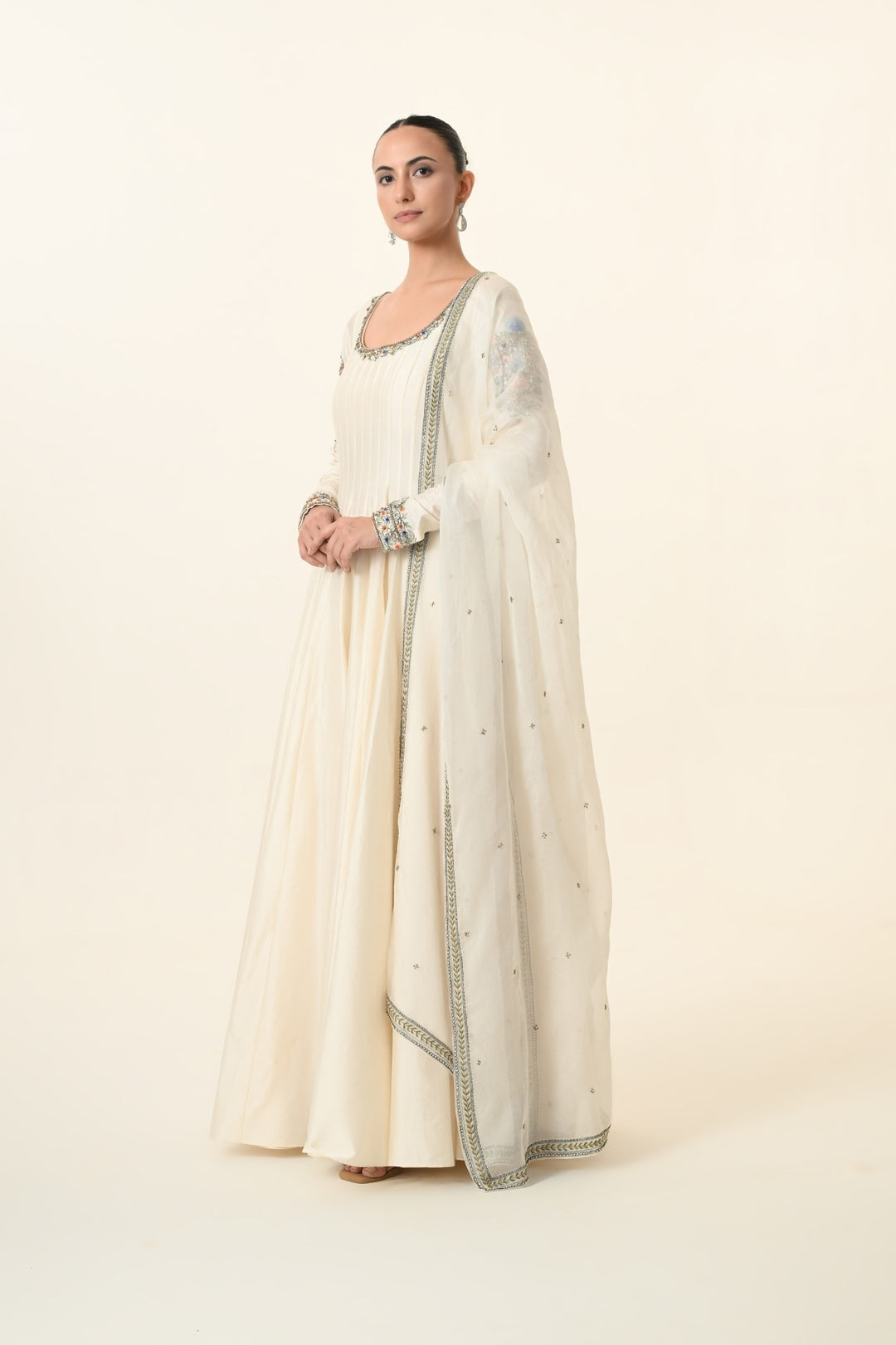 Ivory Scoop-Neck Pleated Anarkali with Dupatta