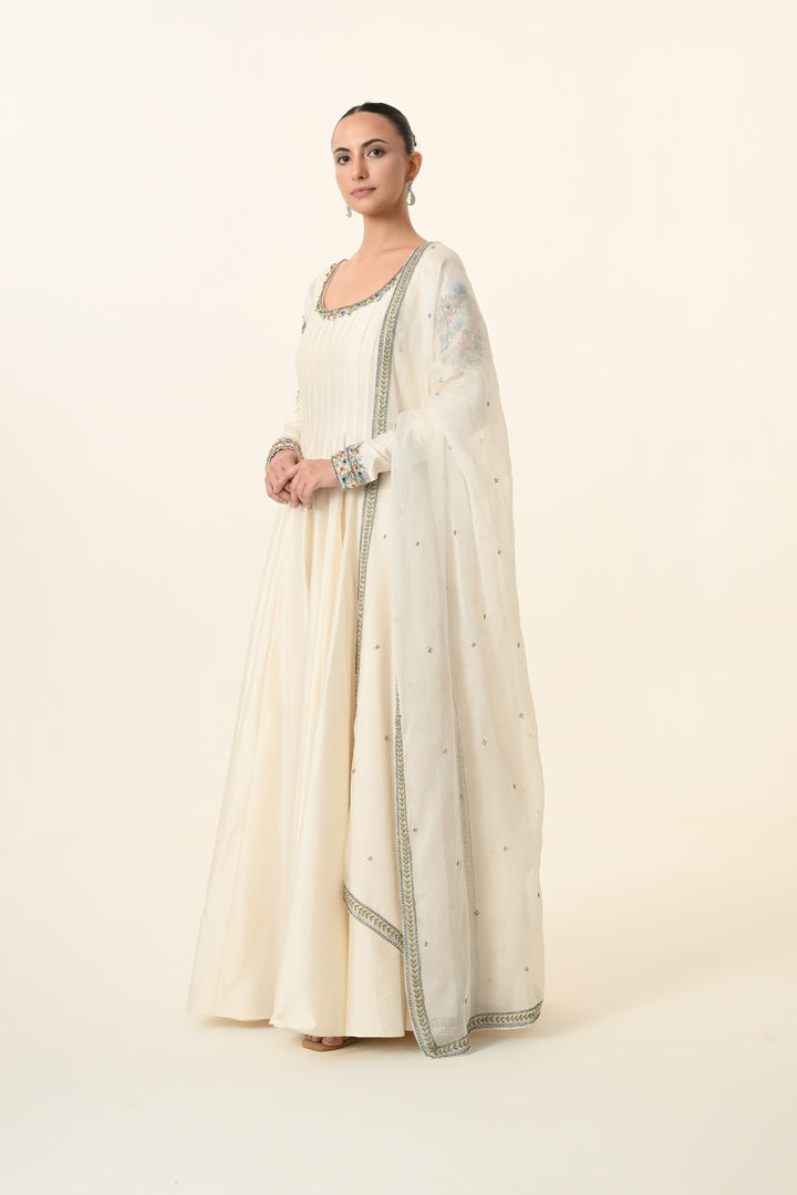 Ivory Scoop-Neck Pleated Anarkali with Dupatta