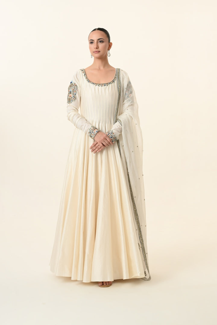 Ivory Scoop-Neck Pleated Anarkali with Dupatta