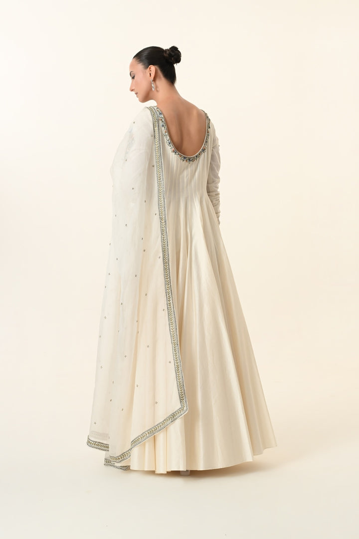Ivory Scoop-Neck Pleated Anarkali with Dupatta