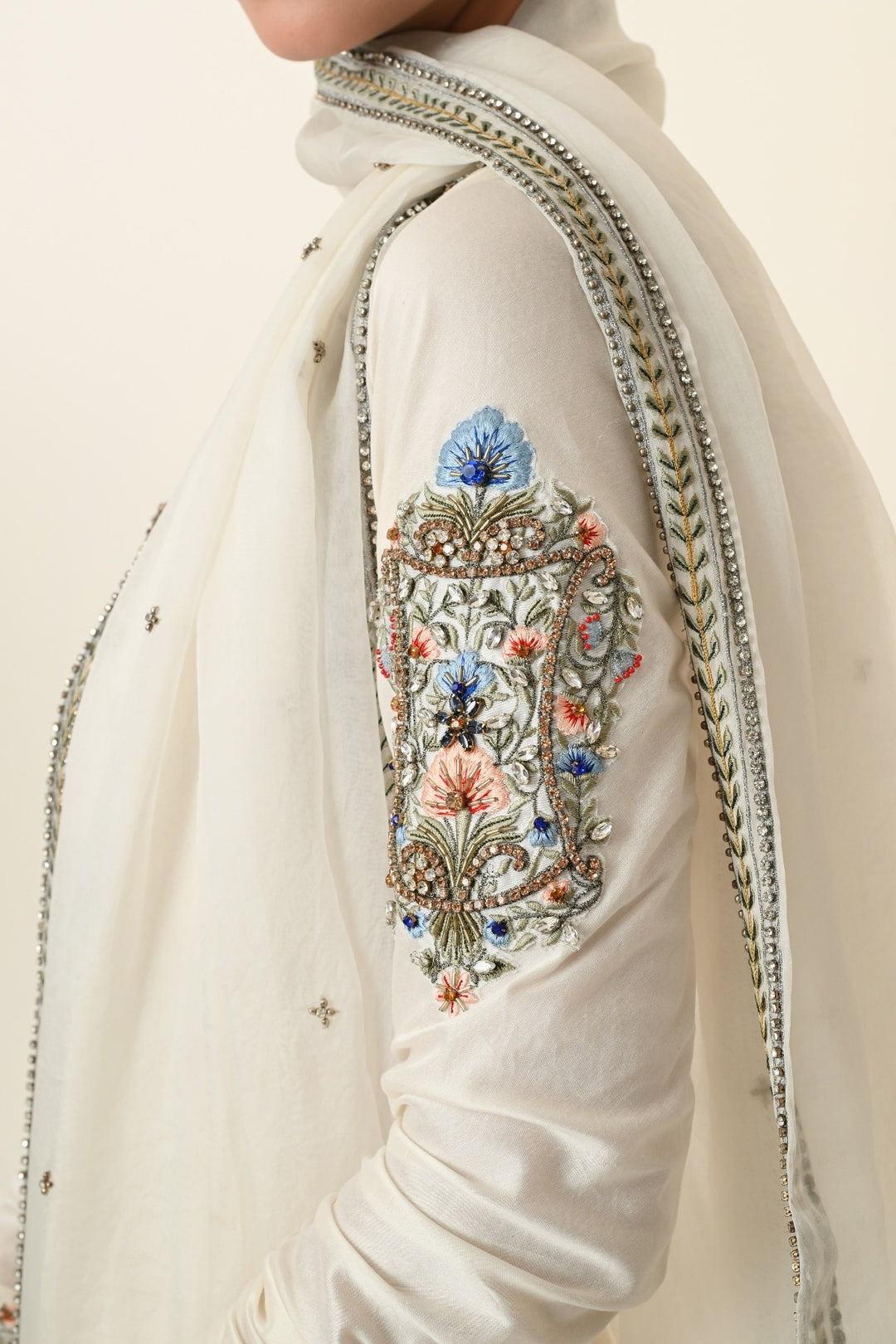 Ivory Scoop-Neck Pleated Anarkali with Dupatta
