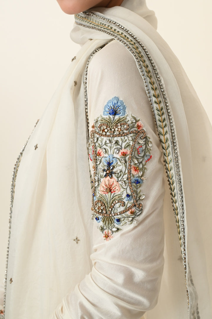 Ivory Scoop-Neck Pleated Anarkali with Dupatta