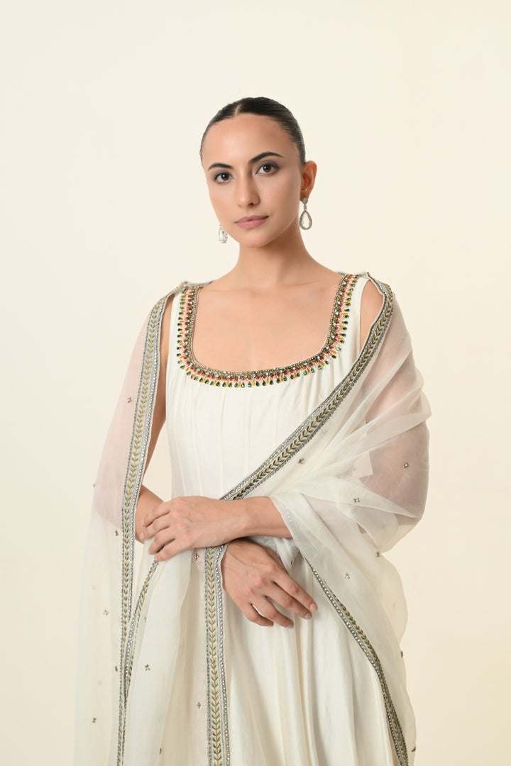 Ivory Sleeveless Floral Vine Anarkali Gown
