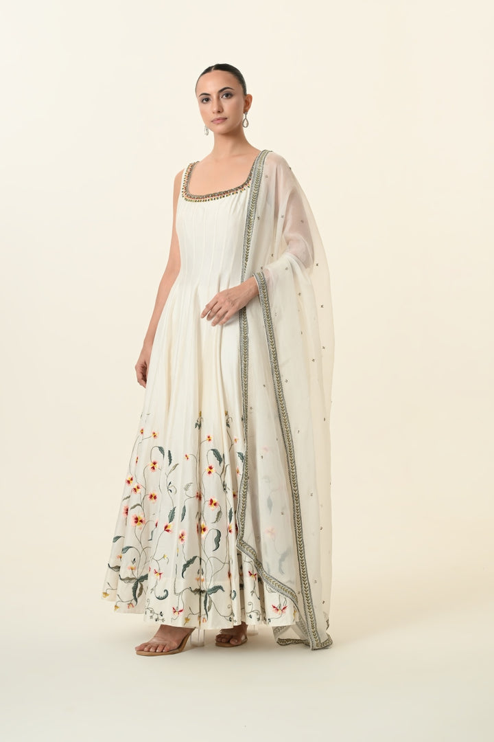 Ivory Sleeveless Floral Vine Anarkali Gown