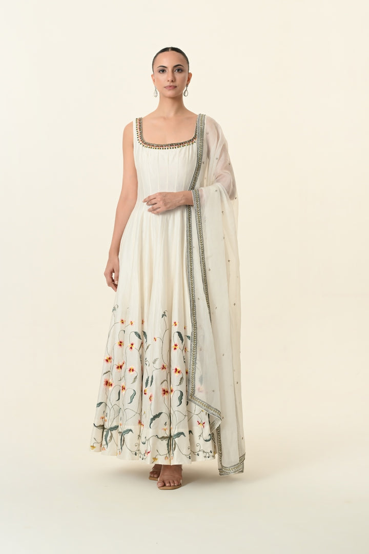 Ivory Sleeveless Floral Vine Anarkali Gown