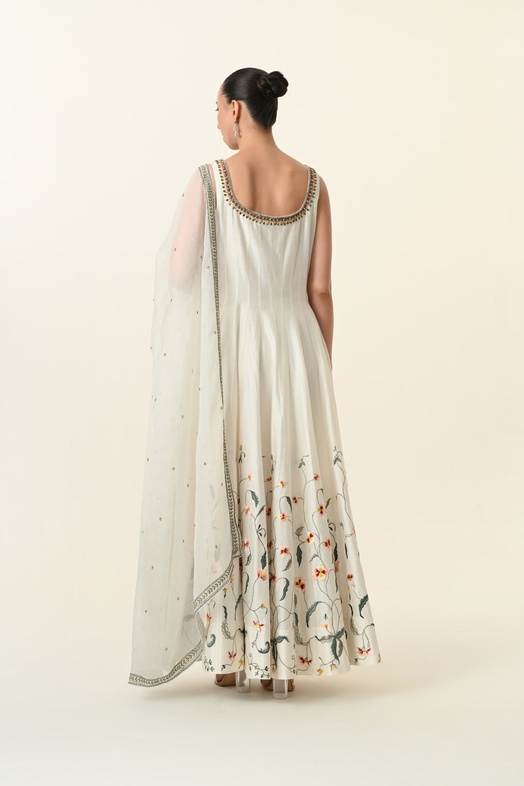 Ivory Sleeveless Floral Vine Anarkali Gown