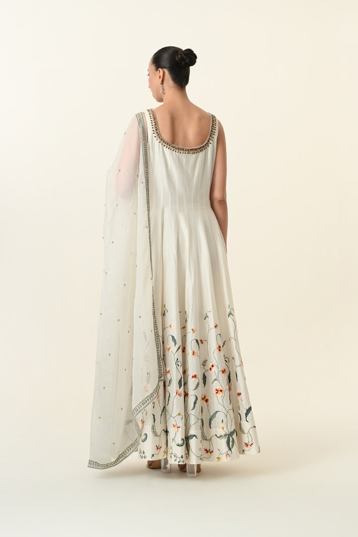Ivory Sleeveless Floral Vine Anarkali Gown