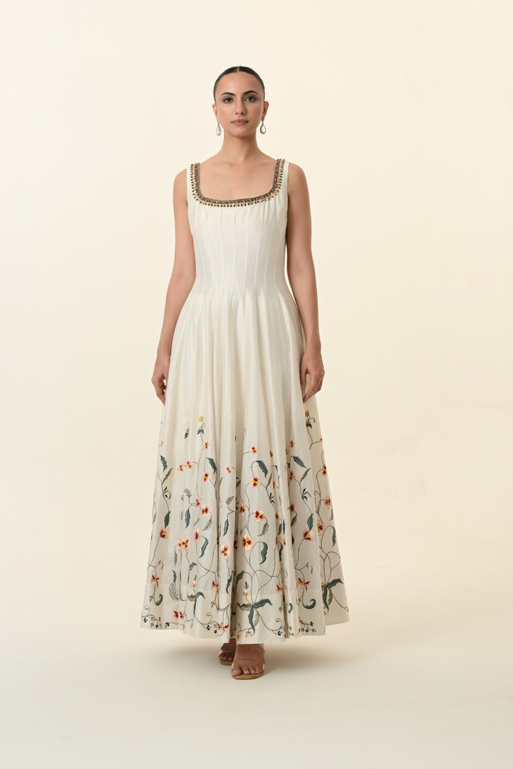 Ivory Sleeveless Floral Vine Anarkali Gown