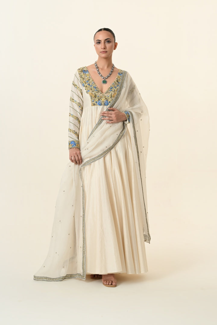 Ivory Blue and Gold Floral V-Neck Anarkali