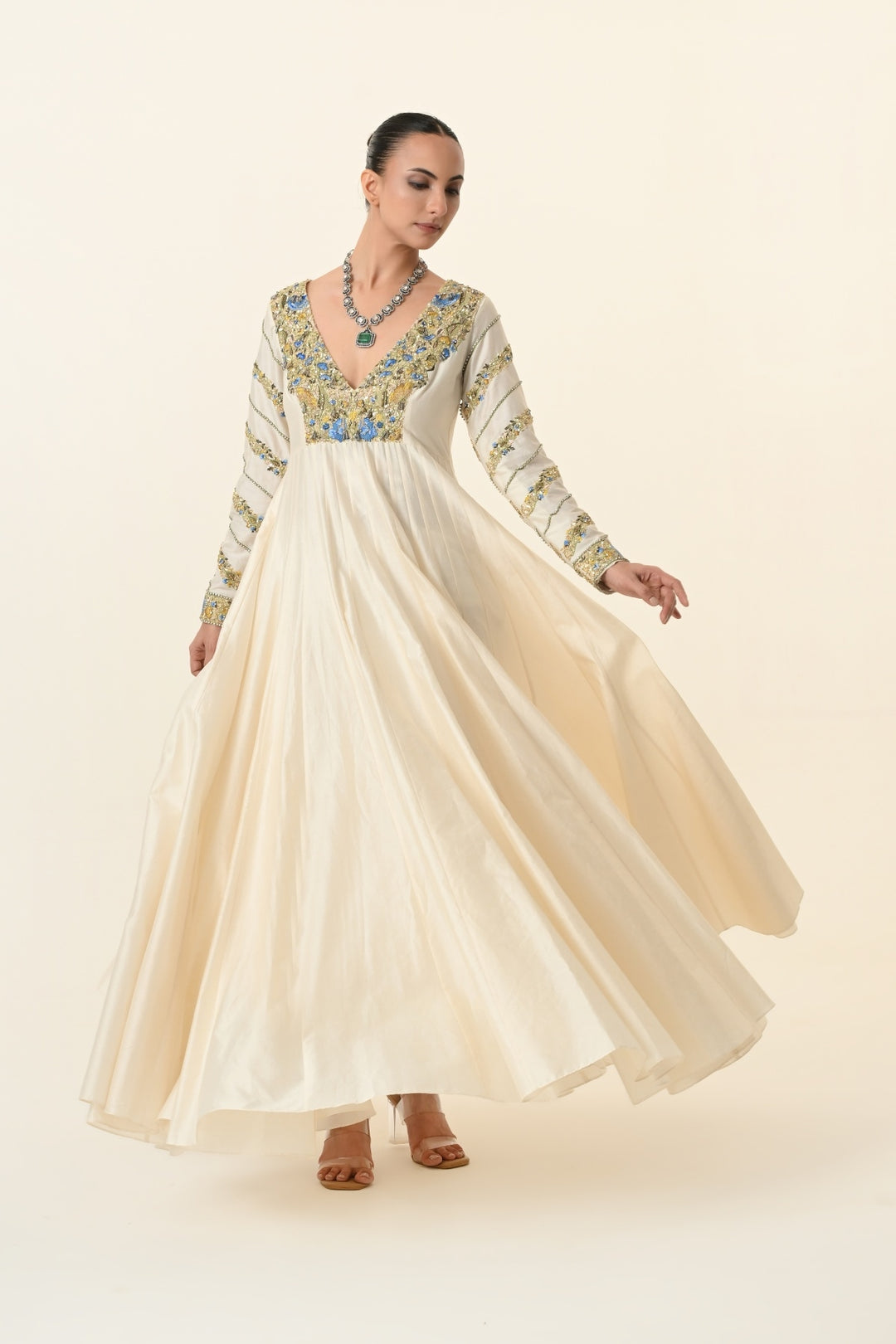 Ivory Blue and Gold Floral V-Neck Anarkali