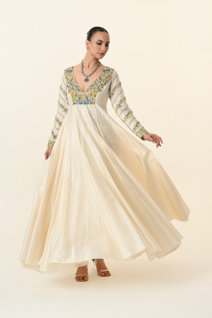Ivory Blue and Gold Floral V-Neck Anarkali