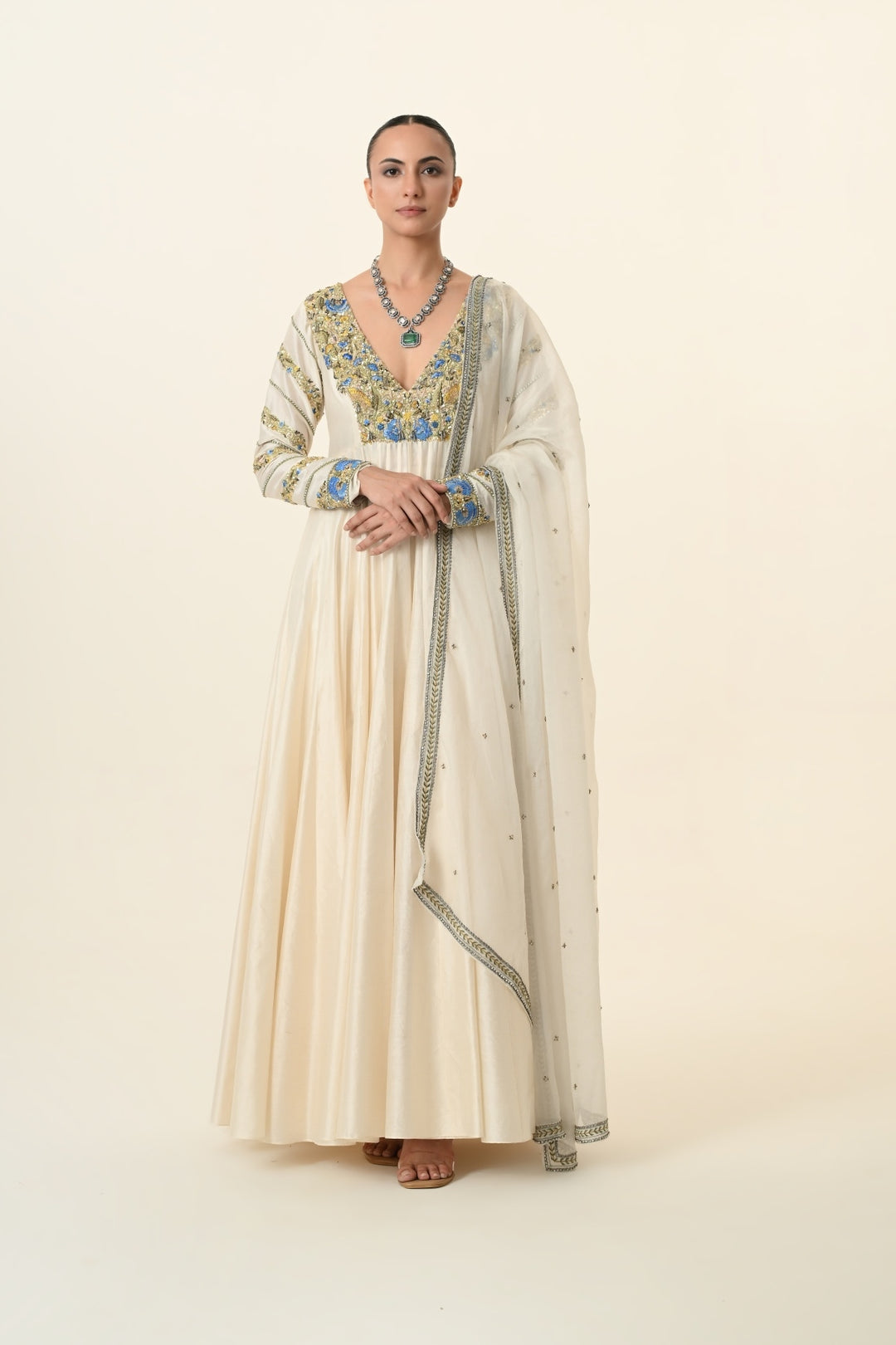 Ivory Blue and Gold Floral V-Neck Anarkali