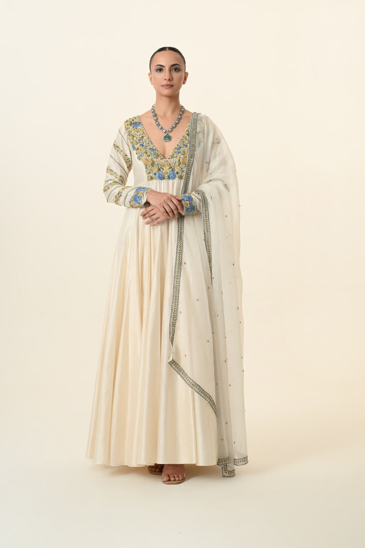Ivory Blue and Gold Floral V-Neck Anarkali