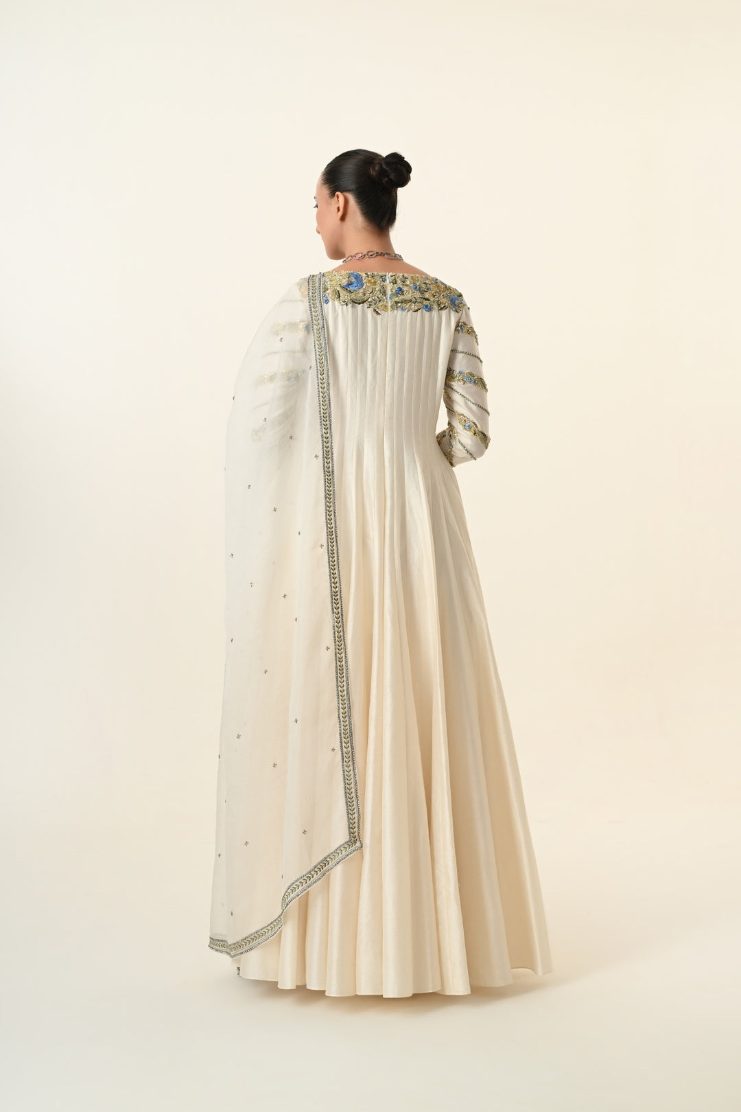 Ivory Blue and Gold Floral V-Neck Anarkali