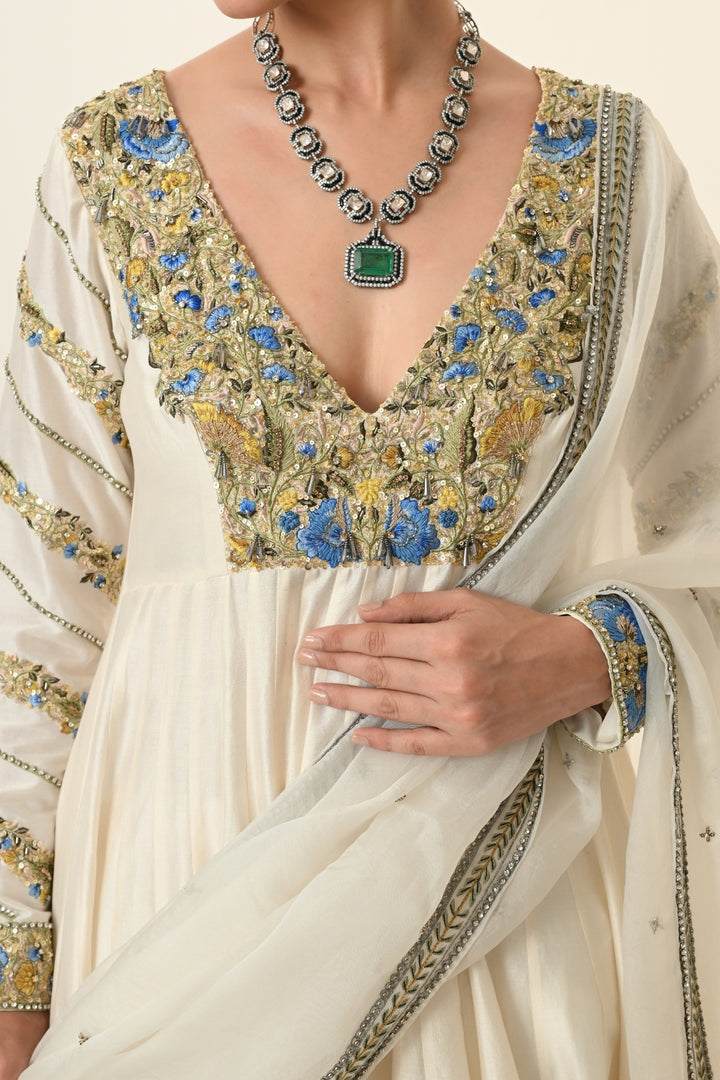 Ivory Blue and Gold Floral V-Neck Anarkali