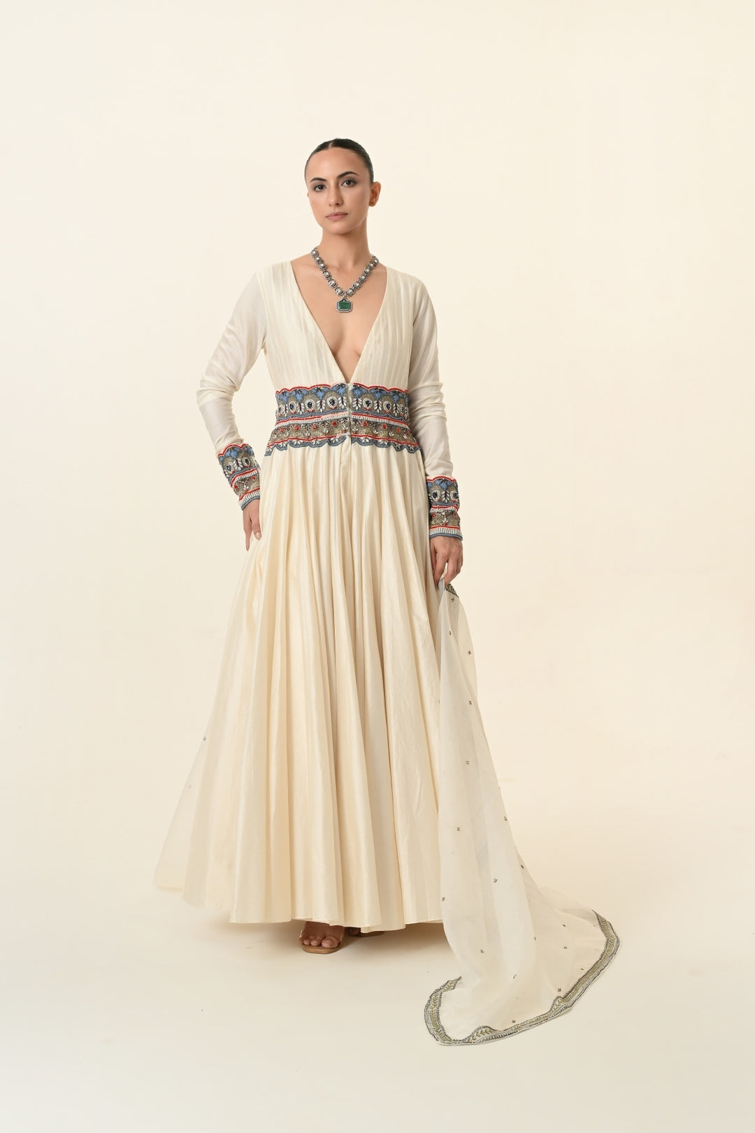 Ivory Plunge V-Neck Anarkali with Embroidered Waist Panel