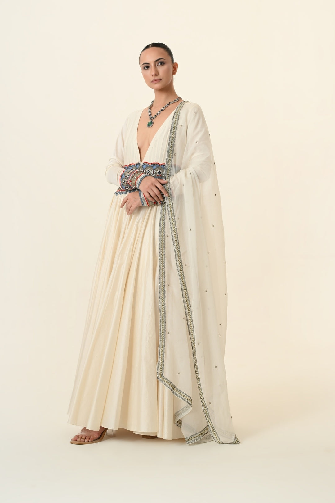 Ivory Plunge V-Neck Anarkali with Embroidered Waist Panel