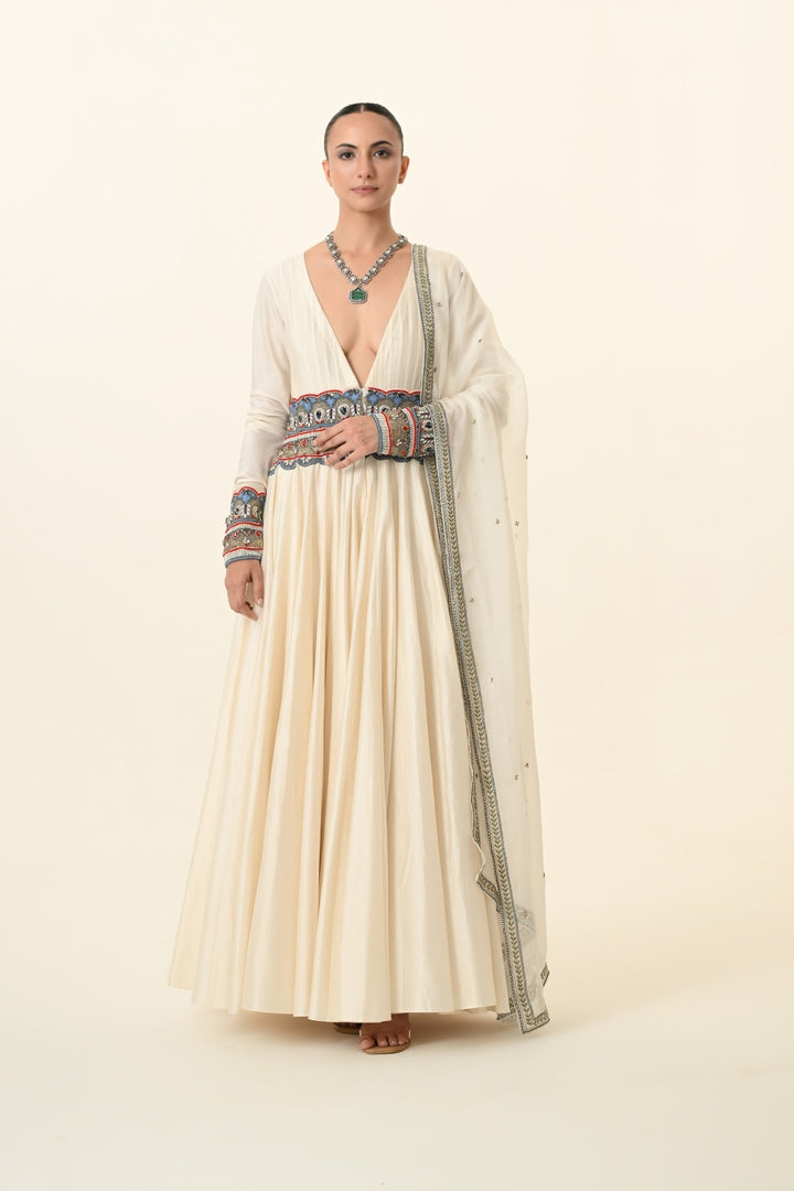 Ivory Plunge V-Neck Anarkali with Embroidered Waist Panel