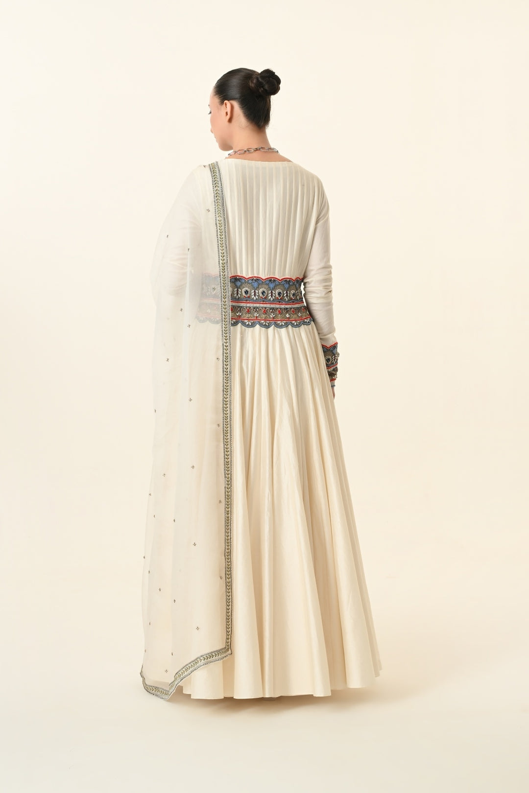 Ivory Plunge V-Neck Anarkali with Embroidered Waist Panel