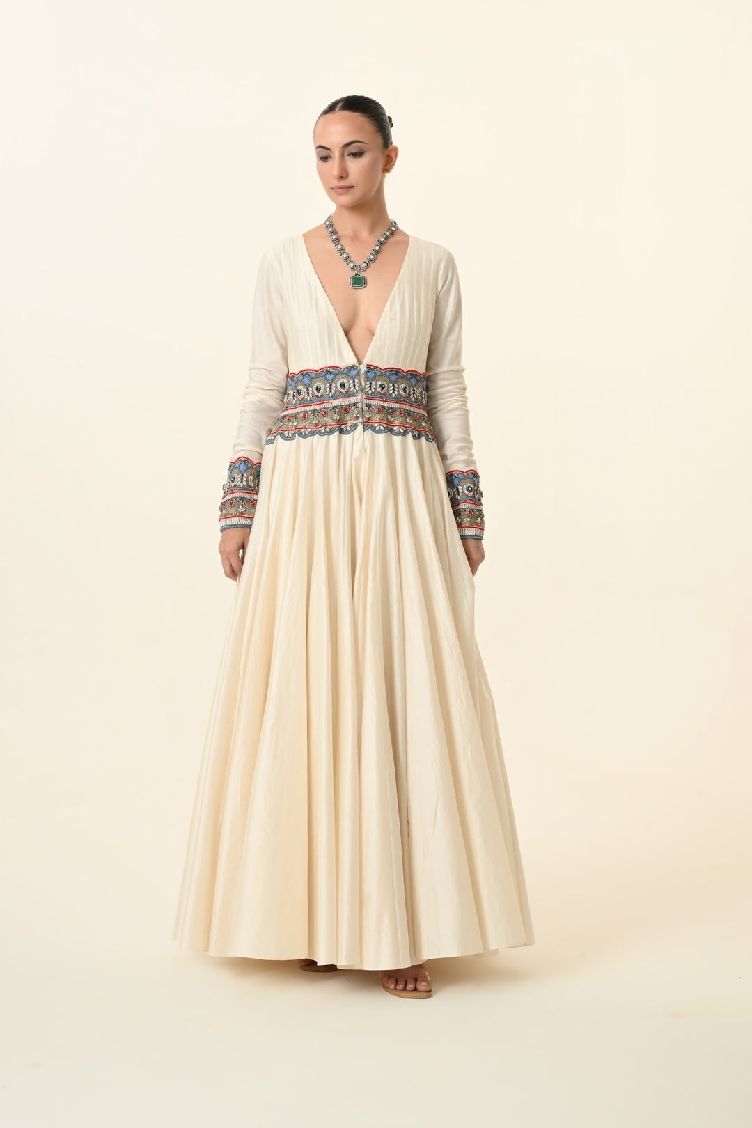 Ivory Plunge V-Neck Anarkali with Embroidered Waist Panel