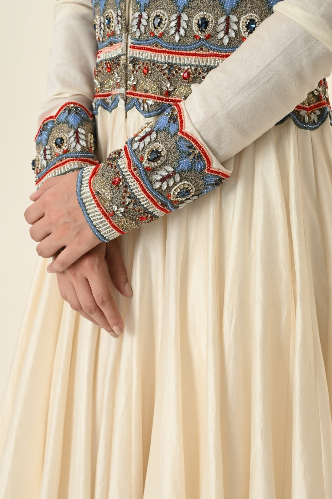 Ivory Plunge V-Neck Anarkali with Embroidered Waist Panel