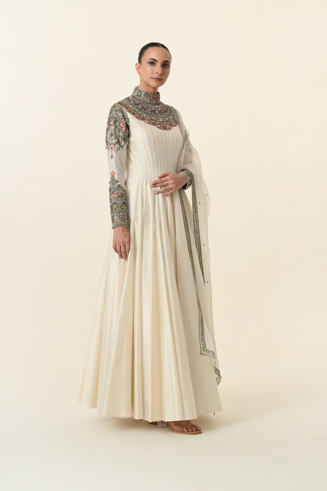 Ivory Ornate High-Neck Multicolour Anarkali
