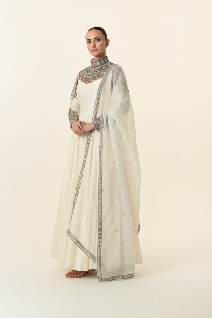 Ivory Ornate High-Neck Multicolour Anarkali