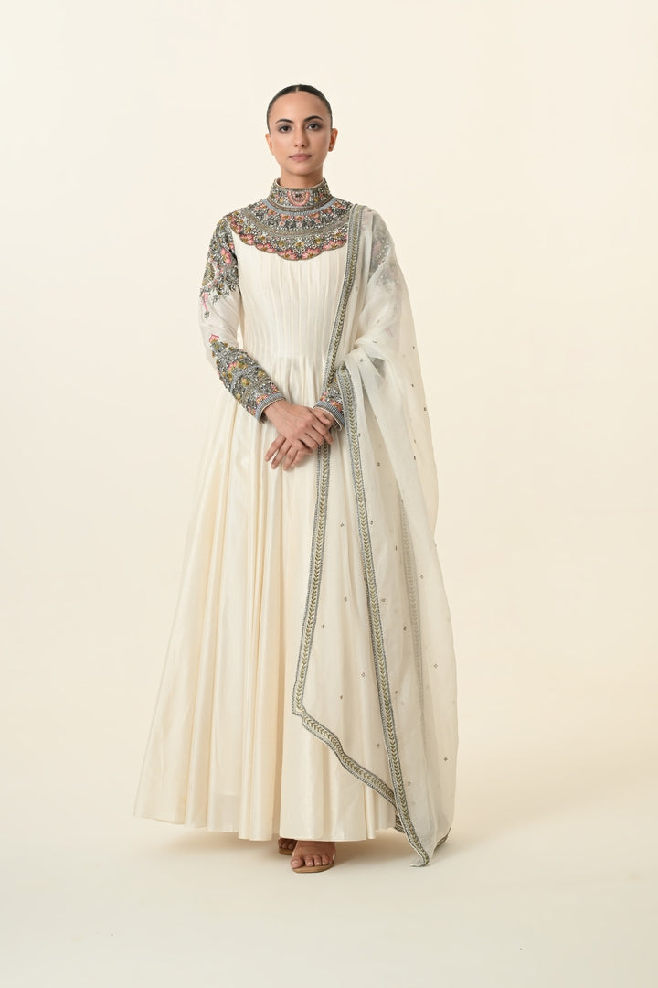 Ivory Ornate High-Neck Multicolour Anarkali