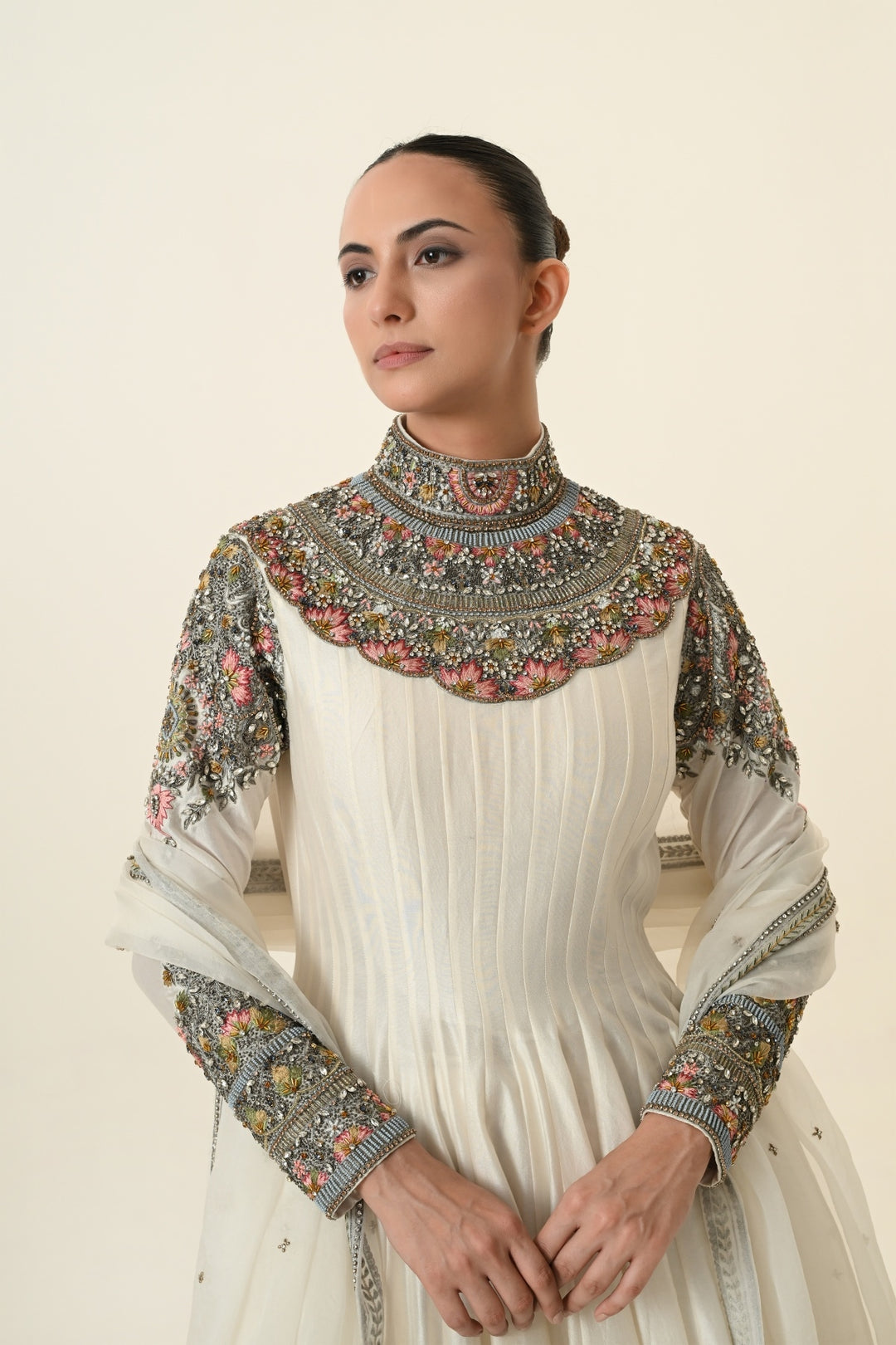 Ivory Ornate High-Neck Multicolour Anarkali