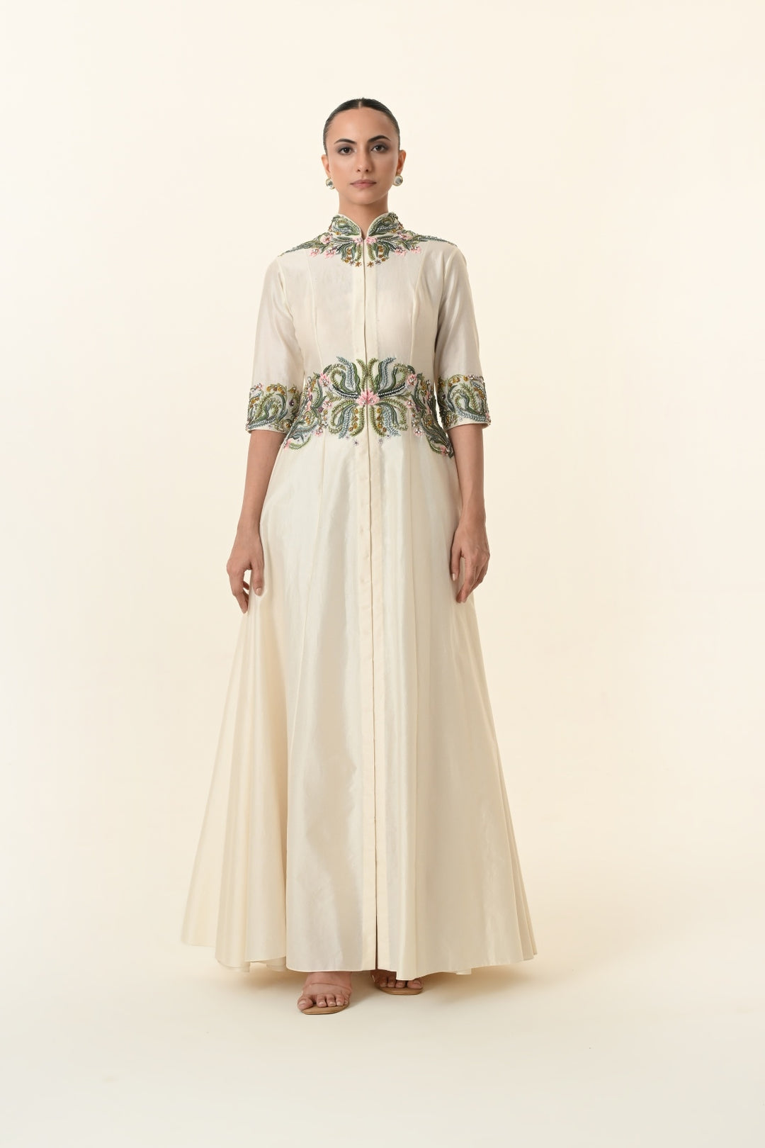 Ivory Mandarin Collar Embroidered Waist Anarkali
