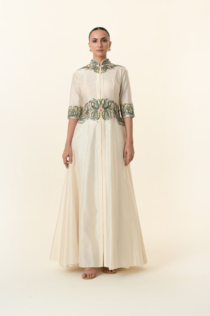Ivory Mandarin Collar Embroidered Waist Anarkali