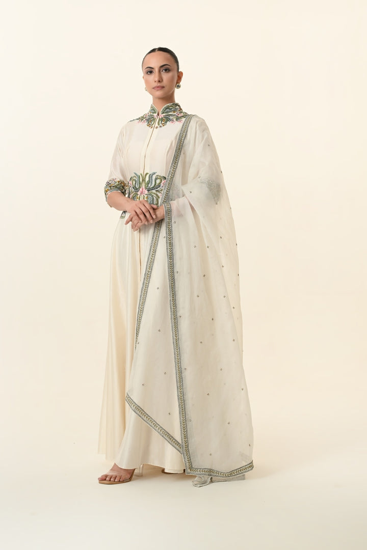 Ivory Mandarin Collar Embroidered Waist Anarkali