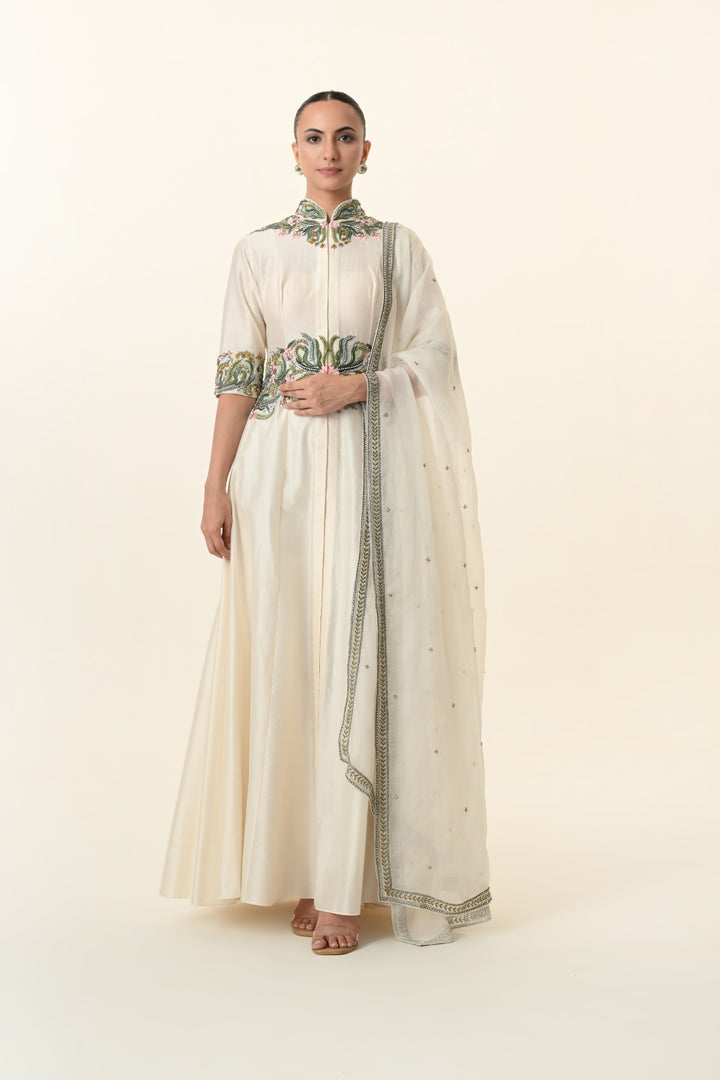 Ivory Mandarin Collar Embroidered Waist Anarkali