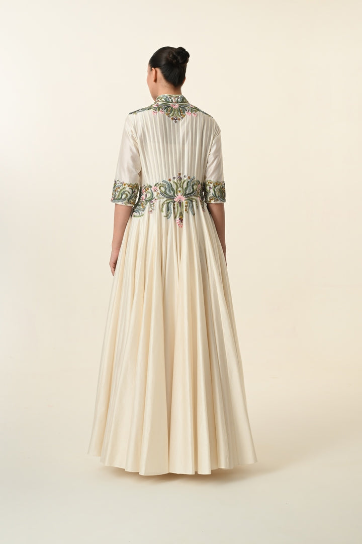 Ivory Mandarin Collar Embroidered Waist Anarkali